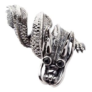 Black CZ Eye Dragon Sterling Silver Statement Ring. Horns black eyes angle.