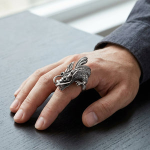 Black CZ Eye Dragon Sterling Silver Statement Ring worn on an adult hand.