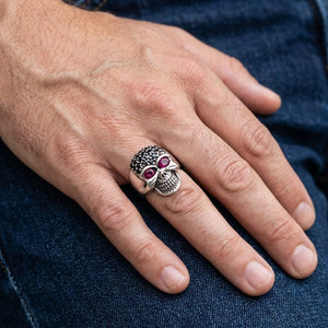 Black CZ Red-Eye Sterling Silver Skull Ring, worn on hand