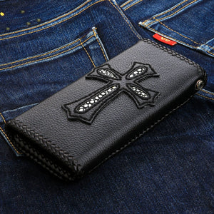 Black Gothic Cross Stingray Leather Wallet, cross diagonal denim