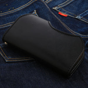 Black Leather Skull Snap Long Wallet, back denim