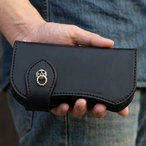 Black Leather Skull Snap Long Wallet, held at the waist