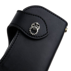 Black Leather Skull Snap Long Wallet, skull strap closeup