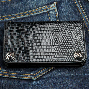 Black Lizard Leather Long Biker Wallet, closed front