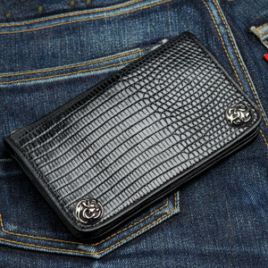Black Lizard Leather Long Biker Wallet, front left angle