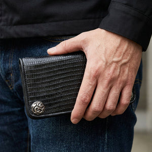 Black Lizard Leather Long Biker Wallet, held in hand