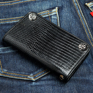 Black Lizard Leather Long Biker Wallet, opposite front angle