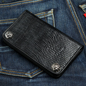 Black Lizard Leather Long Biker Wallet, portrait front angle