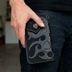 Black Lizard and Shark Leather Skull Biker Wallet with small top grommet, held at hip level