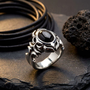Black Onyx Tribal Sterling Silver Ring, onyx ring on prop