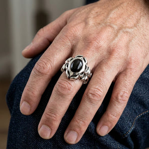 Black Onyx Tribal Sterling Silver Ring, worn on hand