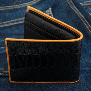 Black Ostrich Leg Bifold with Tan Trim showing rear exterior and the open fold.