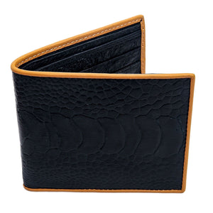 Black Ostrich Leg Bifold with Tan Trim showing the black scale front and tan piping on white.