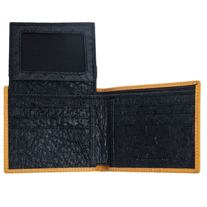 Black Ostrich Leg Bifold with Tan Trim showing the interior ID flap raised above the card rows.