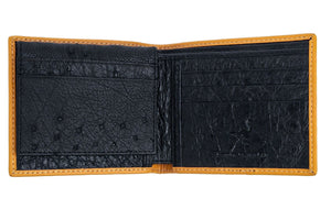Black Ostrich Leg Bifold with Tan Trim showing black quill-leather card rows inside the bifold.