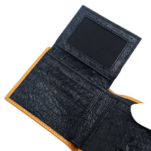Black Ostrich Leg Bifold with Tan Trim showing the raised ID window and interior viewed diagonally.