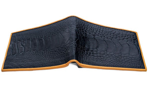 Black Ostrich Leg Bifold with Tan Trim showing both ostrich-leg outer panels opened flat.