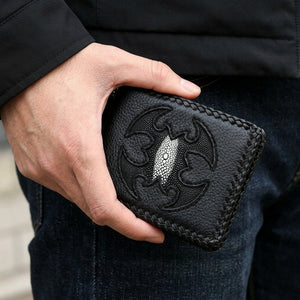 Black Scorpion Stingray Inlay Biker Wallet, held in hand