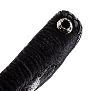 Black Shark Skin Bifold with Stingray Cross showing close detail of the metal chain grommet at the fold.