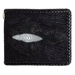 Black Shark Skin Bifold with Stingray Cross showing the black-on-black cross front against white.