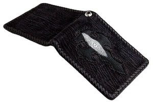 Black Shark Skin Bifold with Stingray Cross showing the shark-skin exterior opened across the cross and rear panels.
