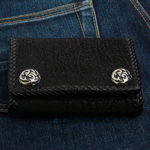 Black Shark Leather Trifold Biker Wallet, closed front on denim