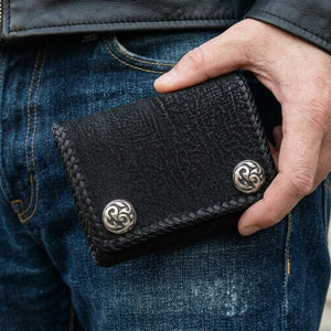 Black Shark Leather Trifold Biker Wallet, held in hand