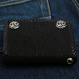 Black Shark Leather Trifold Biker Wallet, opposite front angle