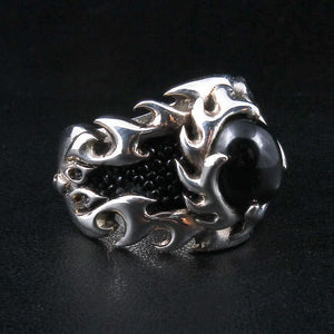 Black Star Stone Sterling Silver Flame Ring, left three quarter