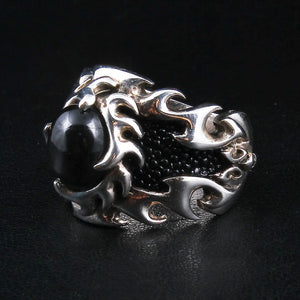 Black Star Stone Sterling Silver Flame Ring, right three quarter
