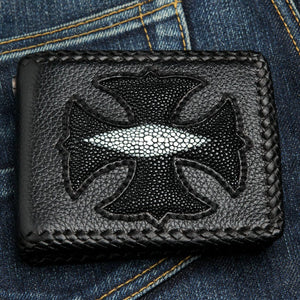 Black Stingray Cross Bifold Wallet, front on denim