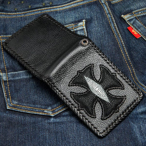 Black Stingray Cross Bifold Wallet, opened exterior denim