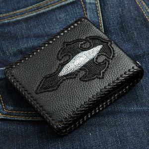 Black Stingray Cross Leather Biker Wallet, front angle