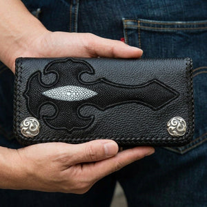 Black Stingray Cross Leather Wallet, held at the waist