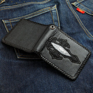 Black Stingray Cross Leather Biker Wallet, open exterior