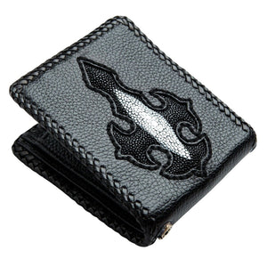 Black Stingray Cross Leather Biker Wallet, partly open front