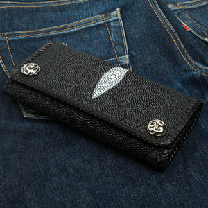 Black Stingray Flame Snap Biker Wallet, front diagonal denim