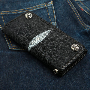 Black Stingray Flame Snap Biker Wallet, front oblique denim