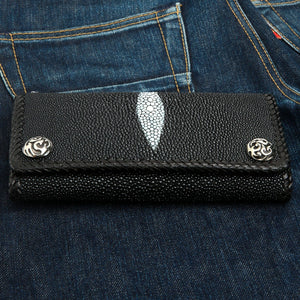 Black Stingray Flame Snap Biker Wallet, front straight denim