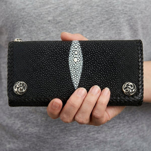 Black Stingray Flame Snap Biker Wallet, held at the waist