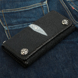 Black Stingray Flame Snap Biker Wallet, opposite front denim