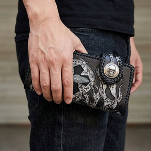 Rider Demon Stingray Leather Long Biker Wallet, held at hip level