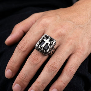 Sterling Silver Gothic Cross Ring, worn on an adult hand