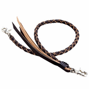 Black and Tan Braided Leather Wallet Chain, curved on white