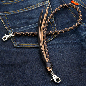 Black and Tan Braided Leather Wallet Chain, loop on denim