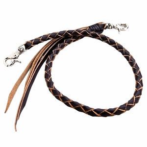 Black and Tan Braided Leather Wallet Chain, oval on white