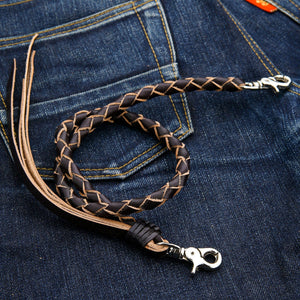 Black and Tan Braided Leather Wallet Chain, round on denim