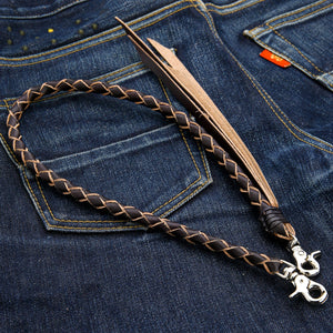 Black and Tan Braided Leather Wallet Chain, sweeping curve denim