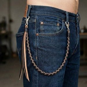 Black and Tan Braided Leather Wallet Chain, styled between denim belt loops