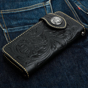 Black Western Floral Indian Head Leather Wallet, floral wallet on denim